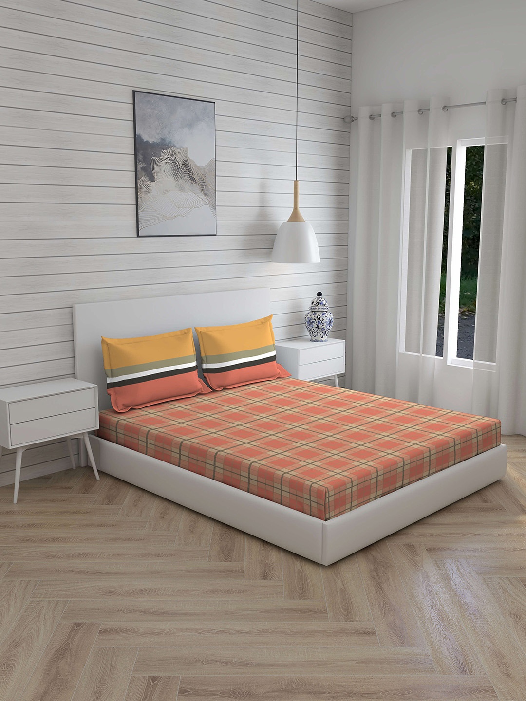 

Layers Peach & Cream-Coloured Geometric 144 TC Queen Bedsheet with 2 Pillow Covers