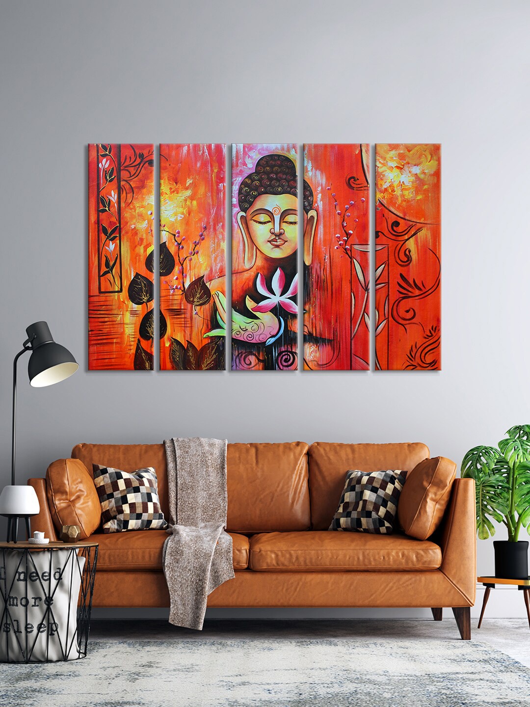 

999Store Set Of 5 Orange & Brown Buddha Face Wall Art Frames