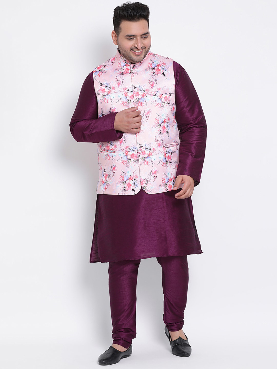

hangup plus Men Purple Dupion Silk Kurta with Pyjamas & Nehru Jacket