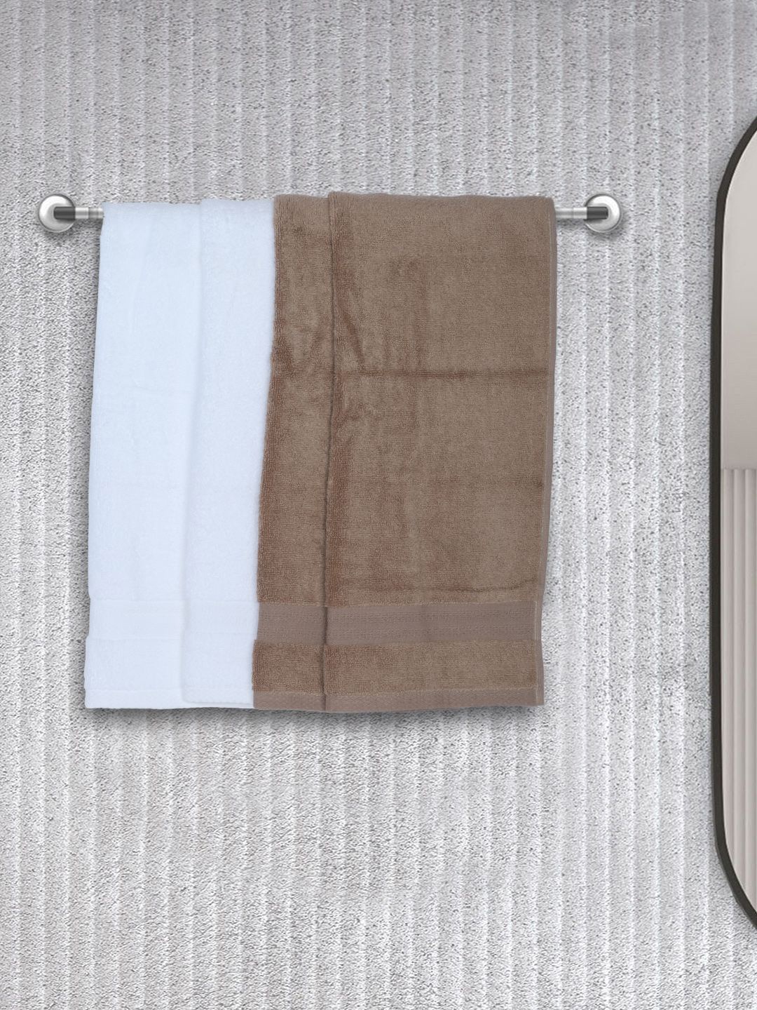 

BIANCA Set Of 4 White & Camel Brown Solid 380 GSM Pure Combed Cotton Terry Hand Towels