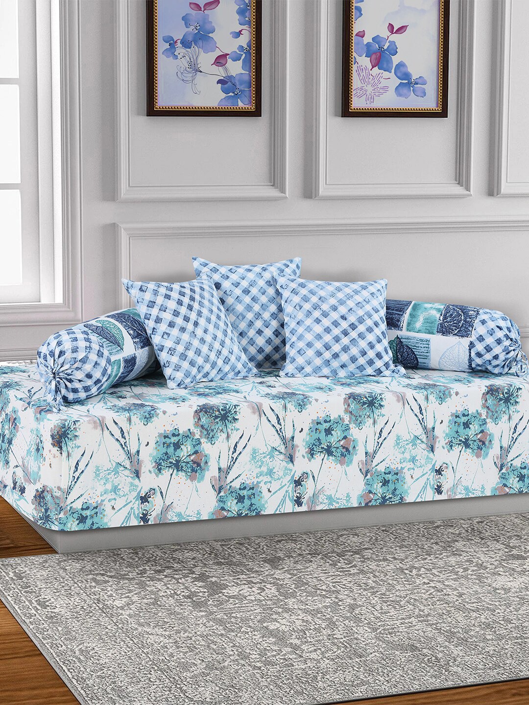 

Salona Bichona Set Of 6 Blue & White Printed Bedsheet With Bolster & Cushion Covers