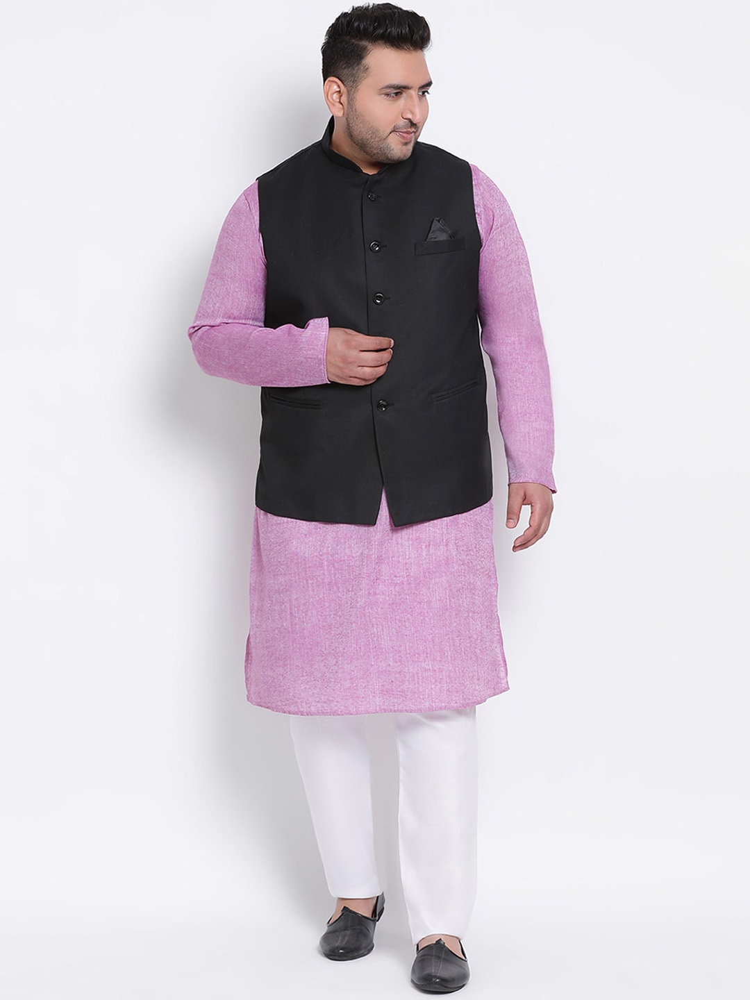 

hangup plus Men Lavender Linen Kurta with Pyjamas & Nehru Jacket