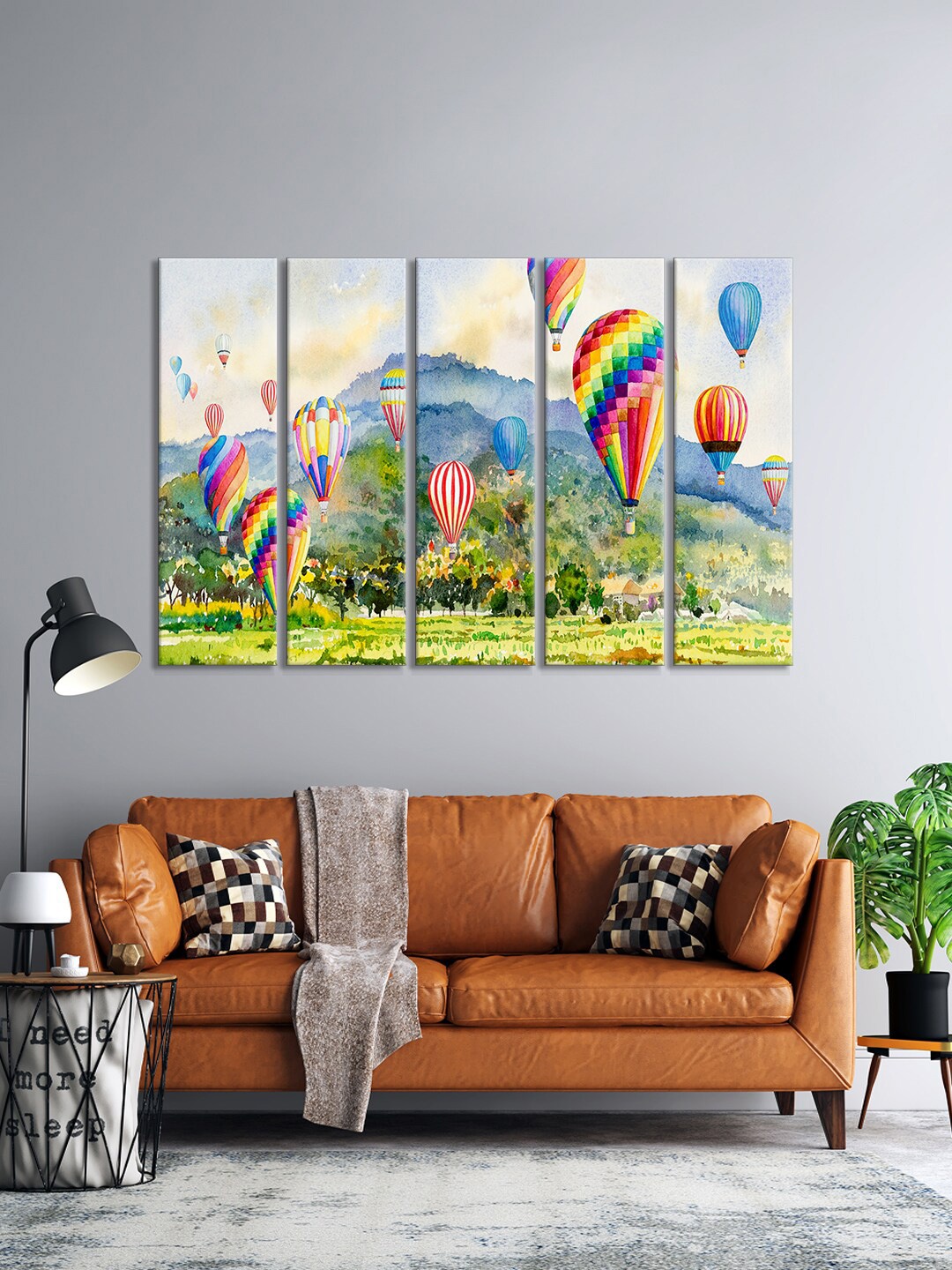 

999Store Set Of 5 White & Blue Colorful Hot Air Balloon On Mountain Framed Wall Art
