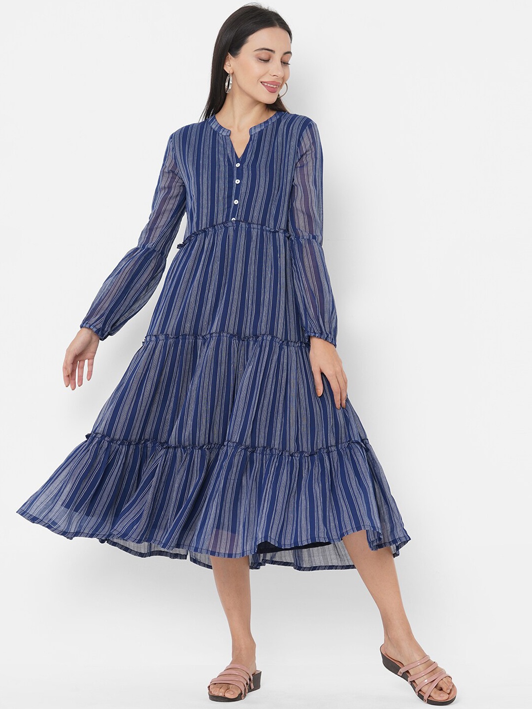 

FASHOR Blue Striped Tiered Midi Dress