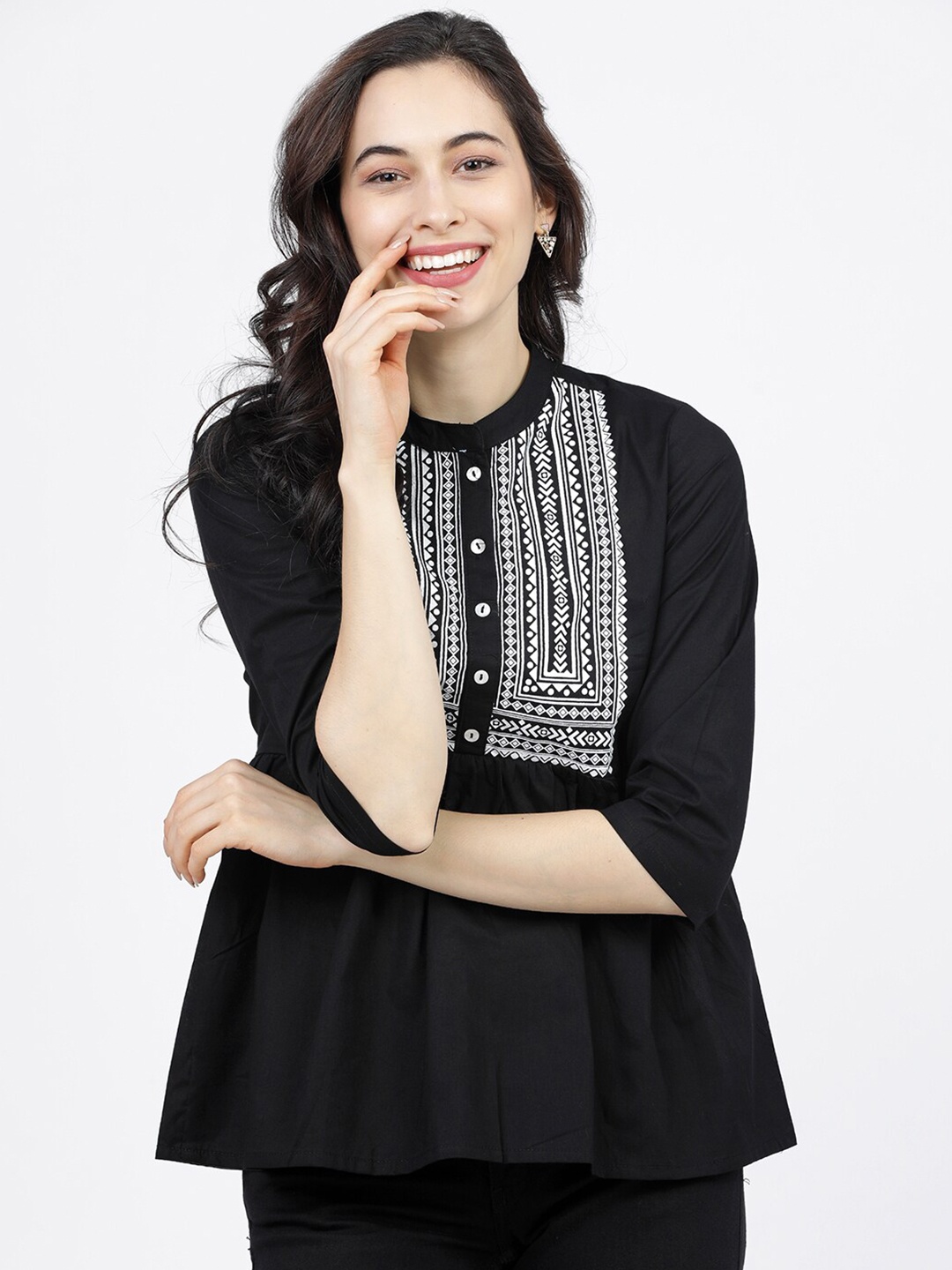 

Vishudh Black Geometric Mandarin Collar Peplum Top