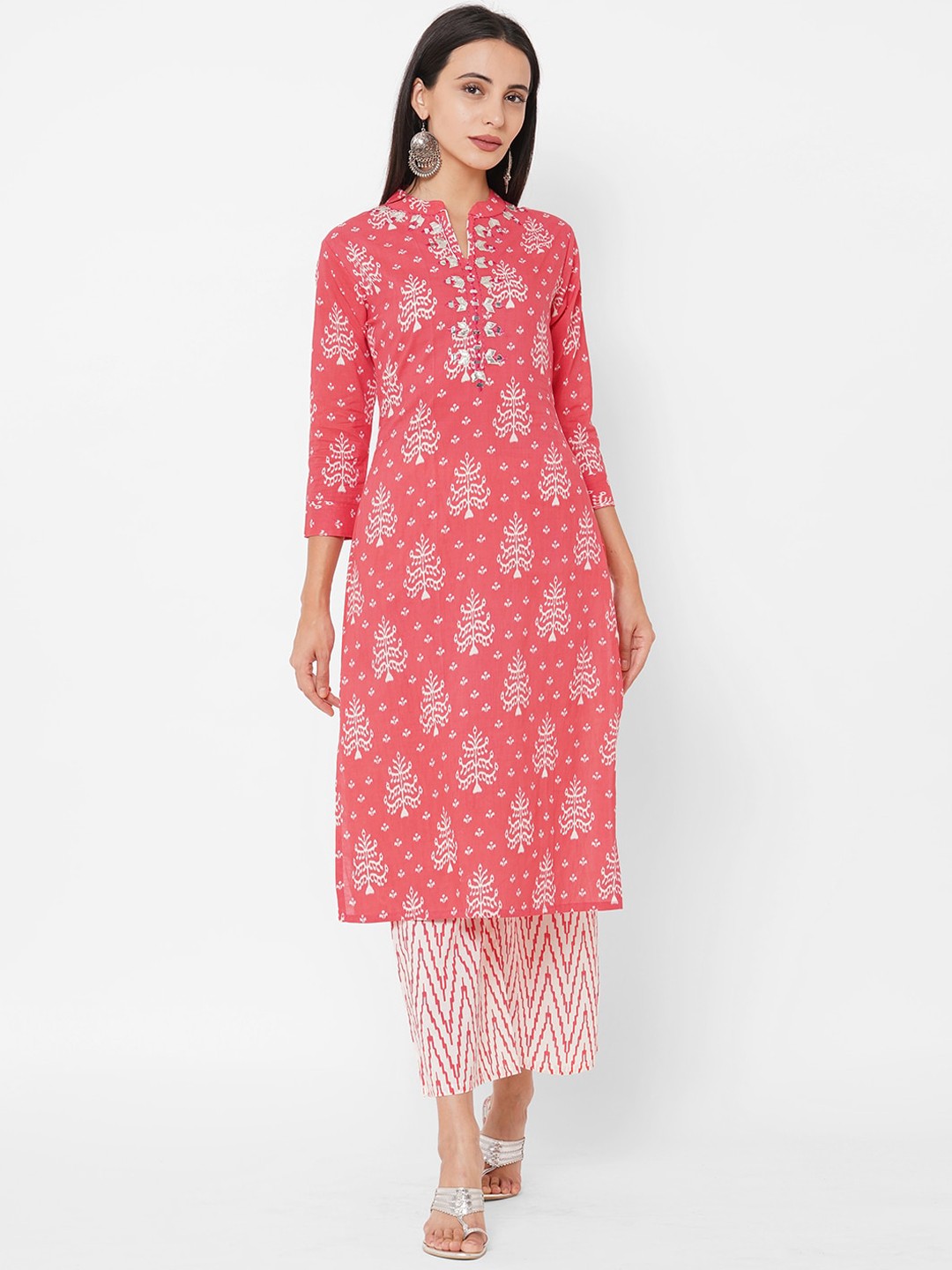

FASHOR Women Pink Floral Printed Gotta Patti Pure Cotton Kurta with Trousers