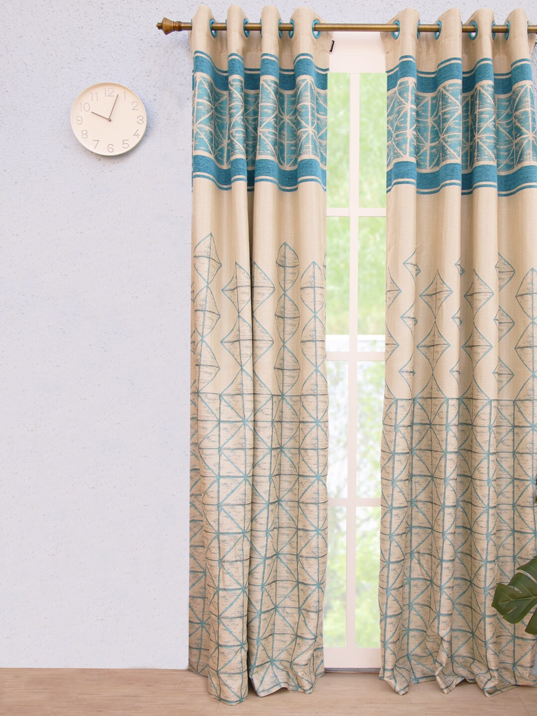 

Ariana Beige & Blue Geometric Room Darkening Long Door Curtain
