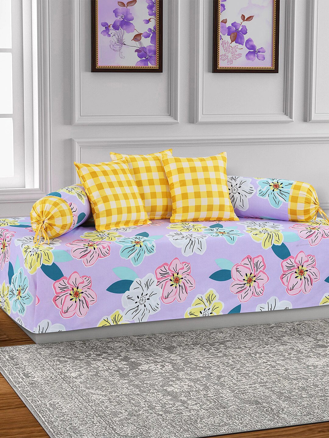 

Salona Bichona Set Of 6 Purple & Yellow Floral Printed Bedsheet With Bolster & Cushion Covers