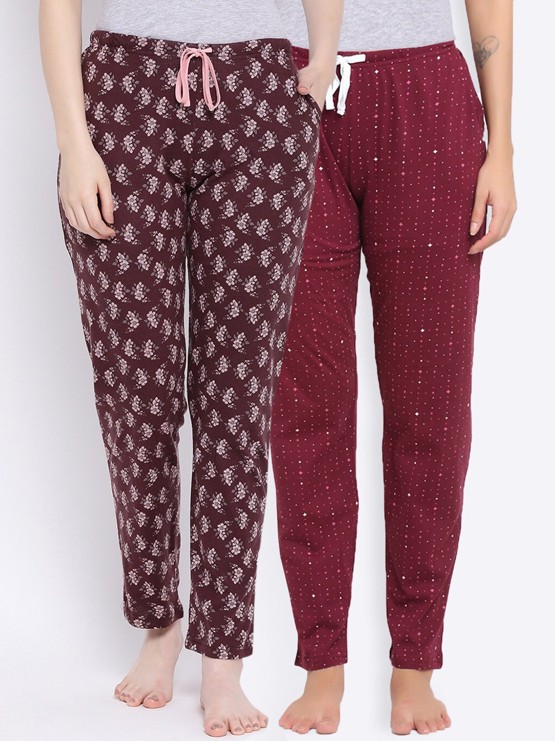 

Kanvin Women Pack Of 2 Printed Pure Cotton Lounge Pants, Maroon