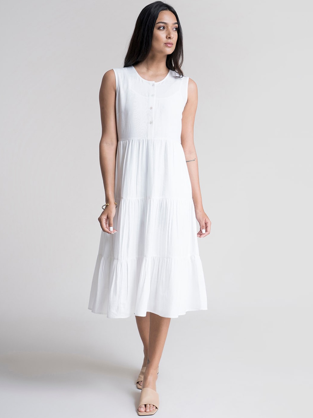 

FableStreet White Cotton Midi A-Line Dress