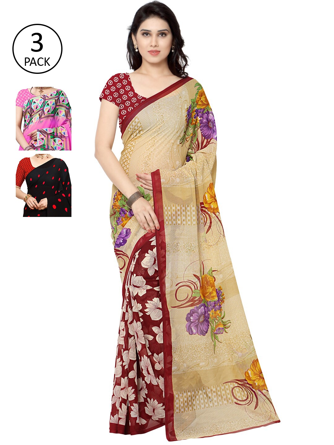 

KALINI Multicoloured Pack of 3 Poly Georgette Saree, Multi
