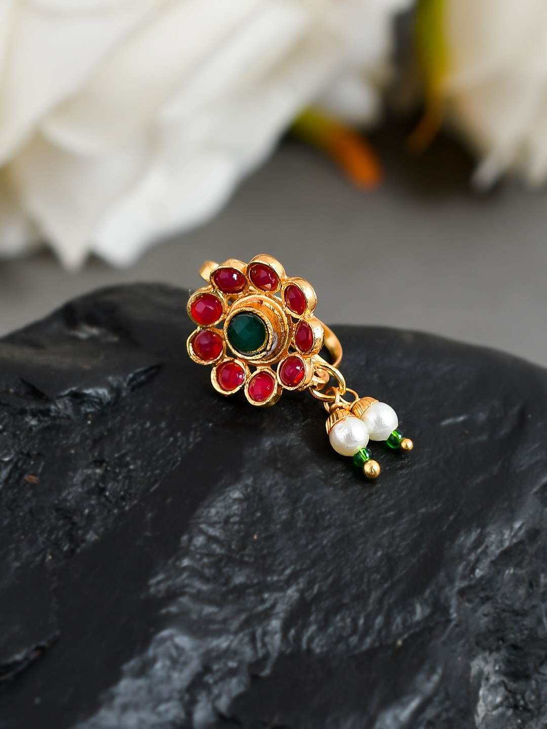 

Silvermerc Designs Gold-Plated Red & Green Meenakari Flower Besar Nosepin