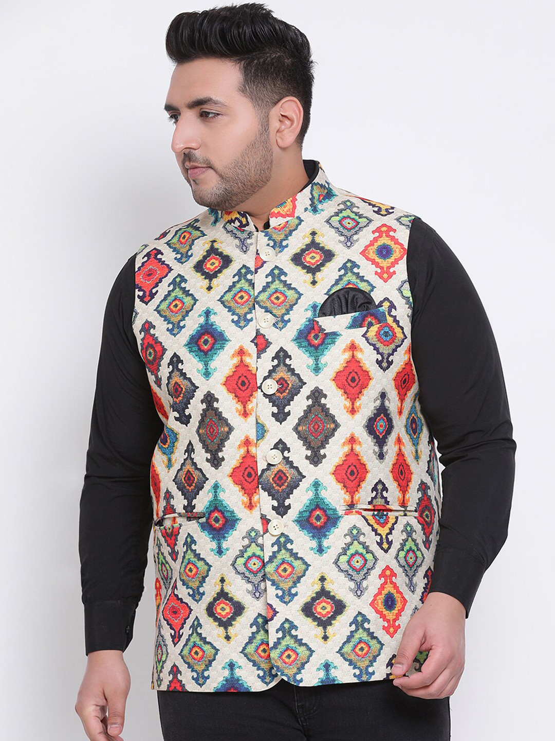 

Hangup Men Off-White & Orange Printed Woven Nehru Jacket