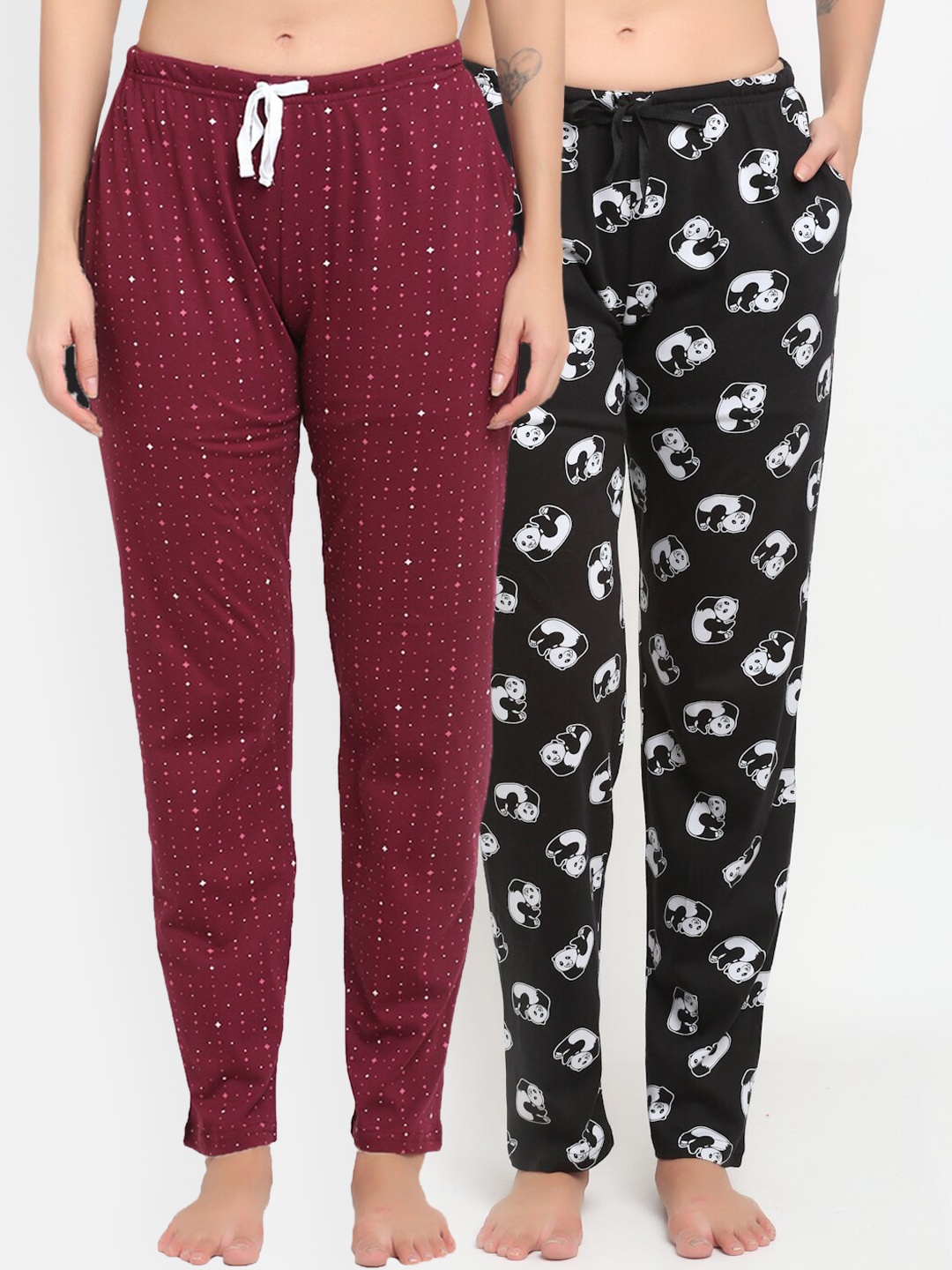 

Kanvin Women Pack Of 2 Printed Pure Cotton Lounge Pants, Maroon