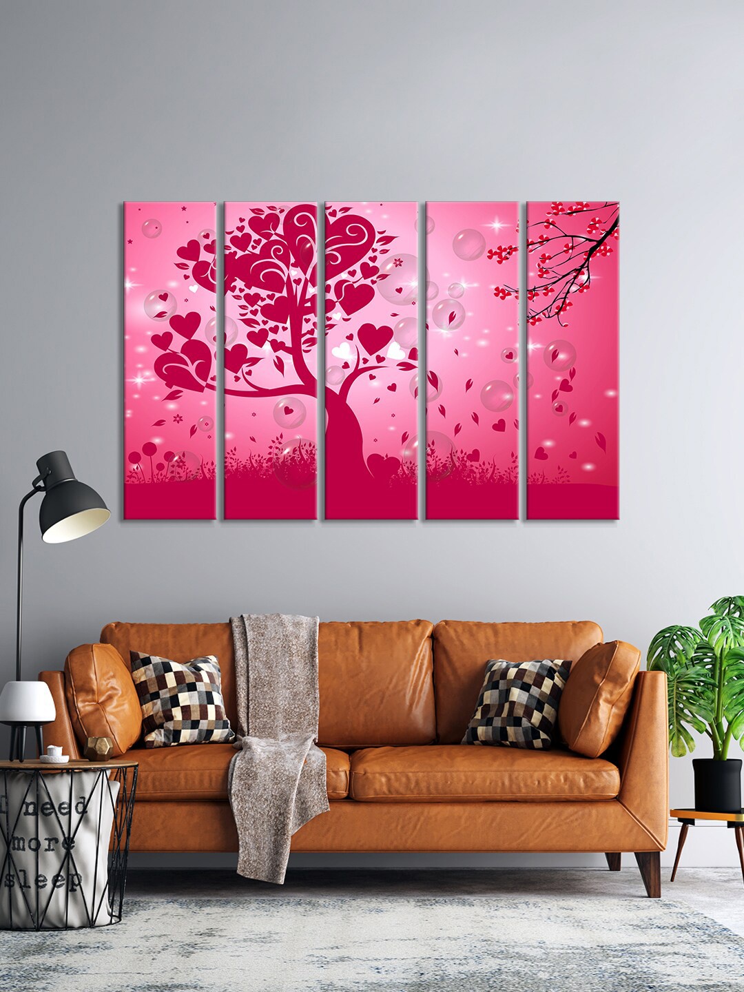 

999Store Set Of 5 Pink & White Love Tree Heart Leaves Printed Wall Paintings