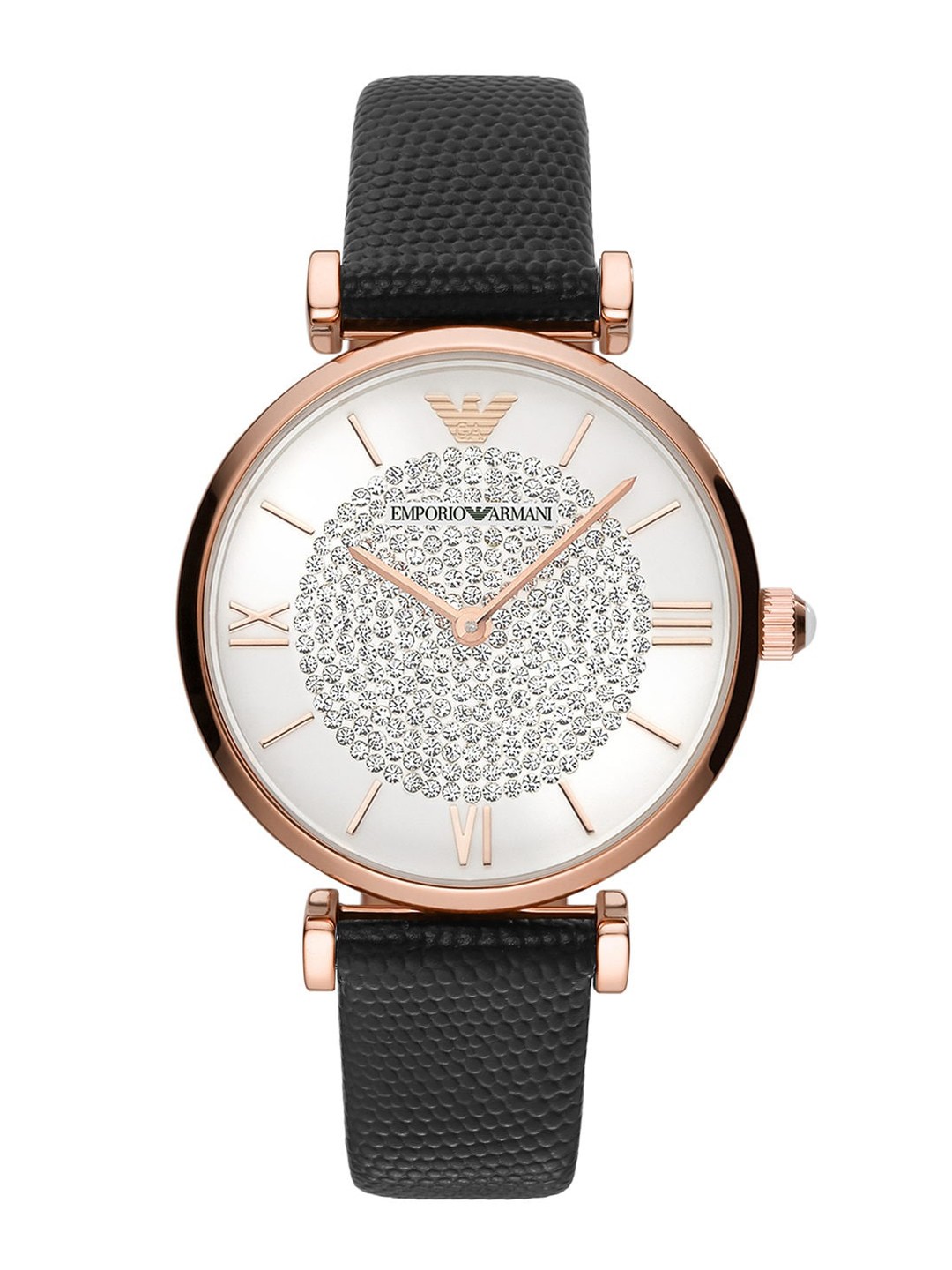 

Emporio Armani Women Embellished Dial & Black Leather Straps Analogue Watch AR11387