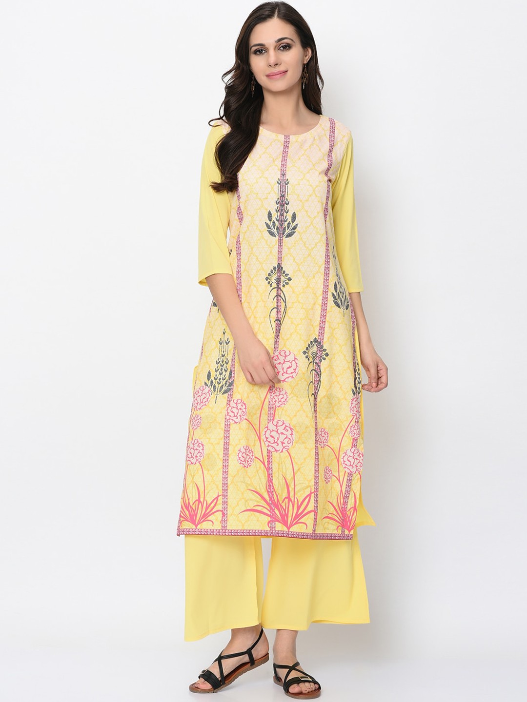 

ZIYAA Women Yellow & Pink Floral Printed Floral Crepe Kurta