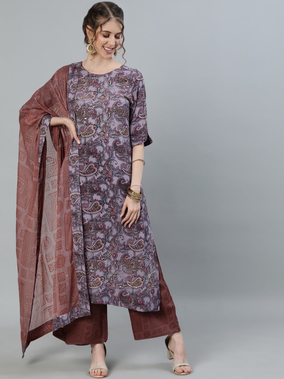 

Ishin Women Purple Paisley Printed Sequinned Kurta with Palazzos & With Dupatta