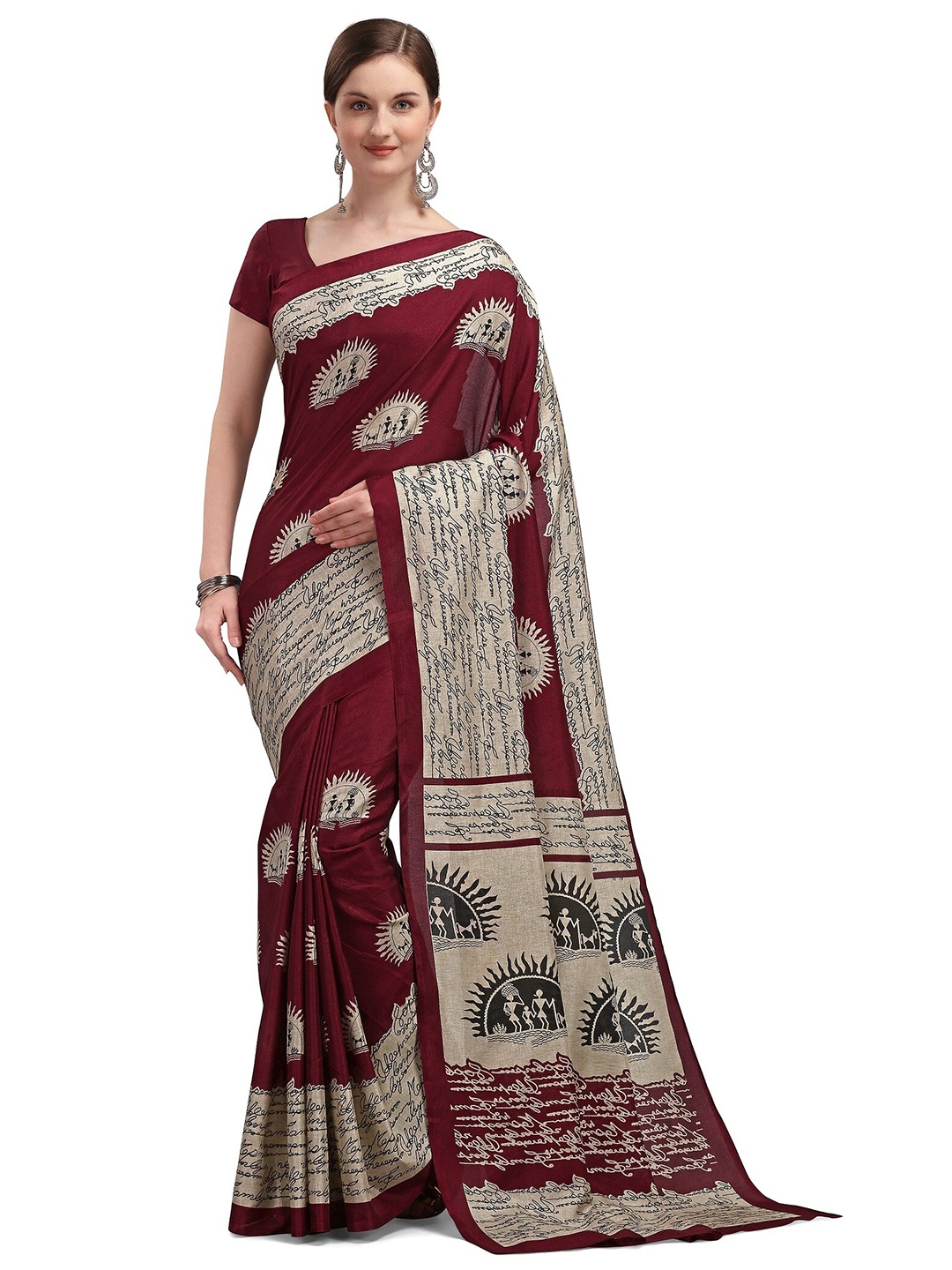 

KALINI Maroon & Beige Printed Silk Blend Fusion Khadi Saree