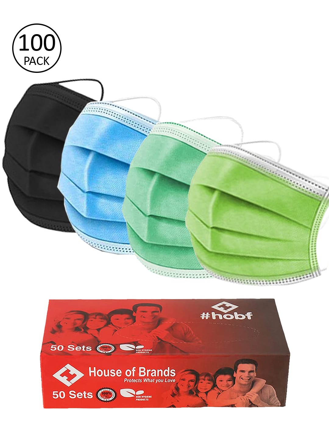 

Swiss Design Pack Of 100 Adults 3ply Mask With Nose-Pin- Green, Blue, Black, Multi