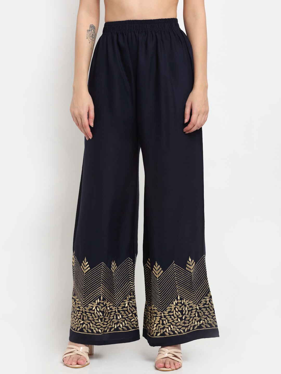 

NEUDIS Women Navy Blue & Gold-Toned Floral Hem Design Ethnic Palazzos