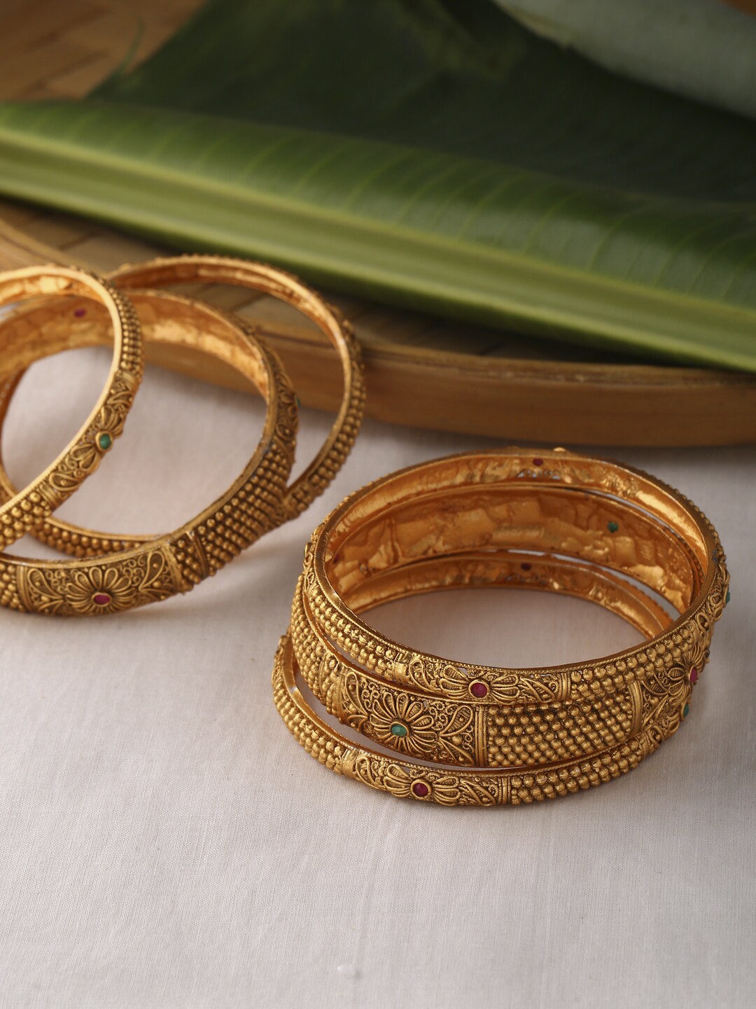 

Shoshaa Set Of 6 Gold-Plated Magenta Pink & Green Stone-Studded Bangles