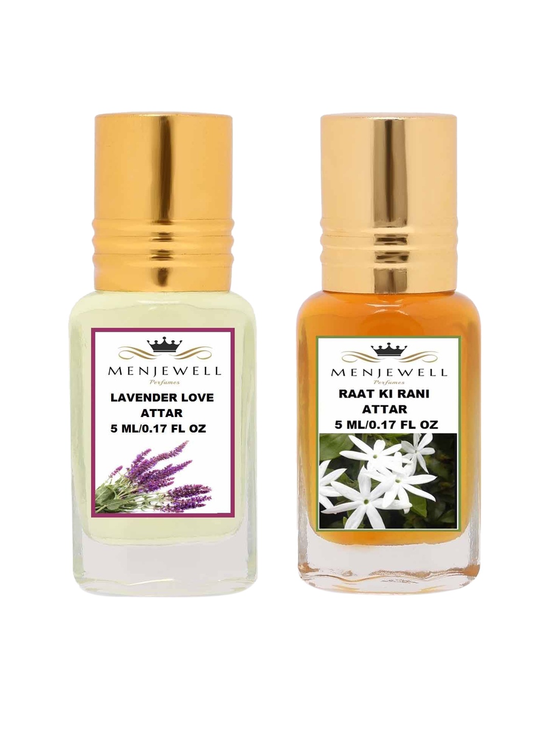 

Menjewell Set of 2 Lavender Love & Raat Ki Rani Attar 10 ml, Transparent