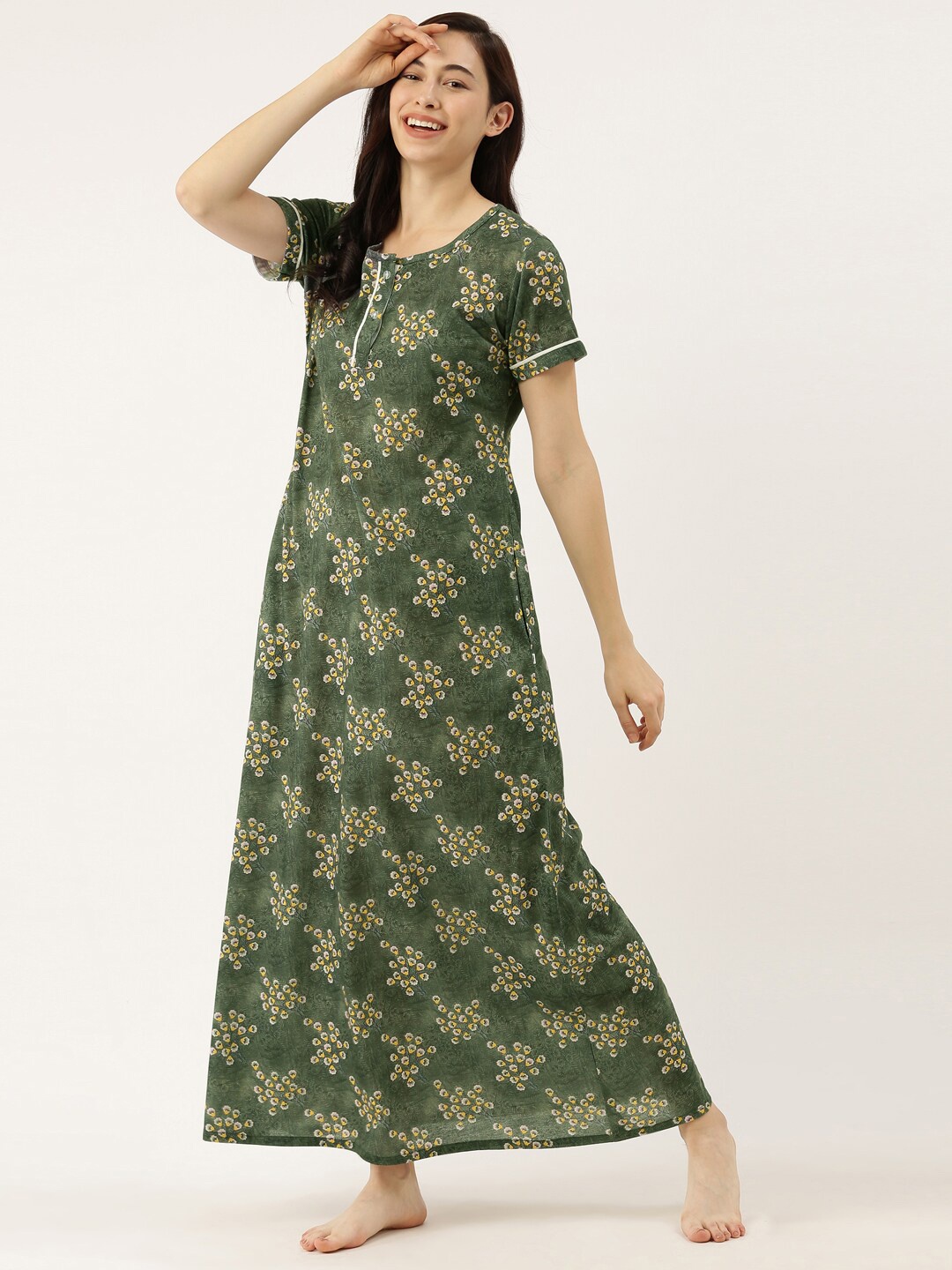 

Bannos Swagger Green & Yellow Printed Maxi Nightdress