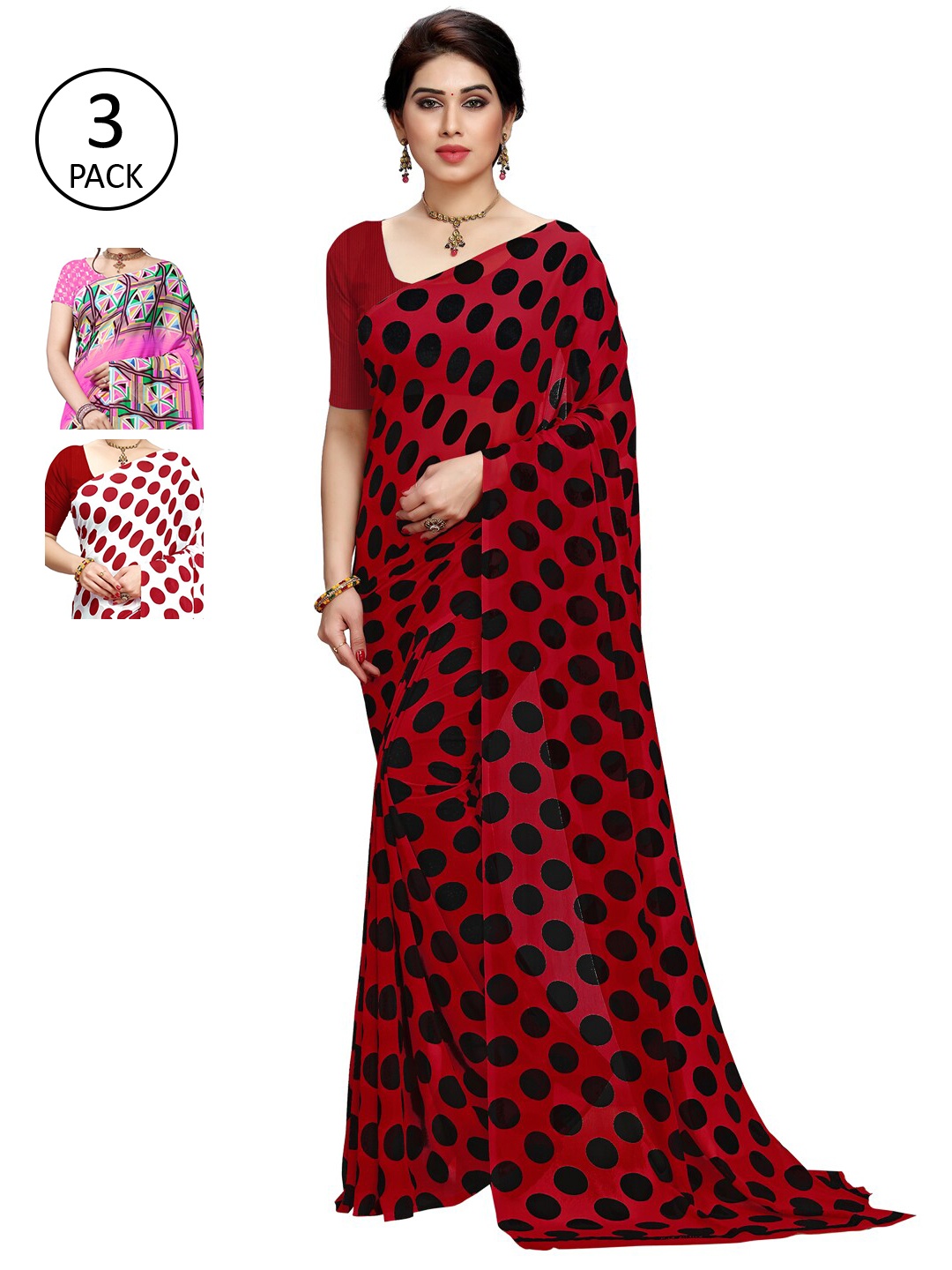 

KALINI Red & White Pack of 3 Printed Sarees