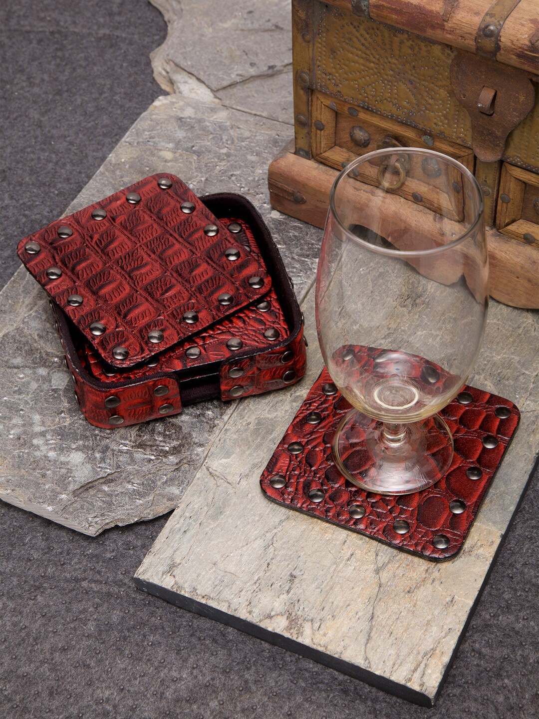 IMUR Set of 6 Maroon & Black Printed Leather Coasters