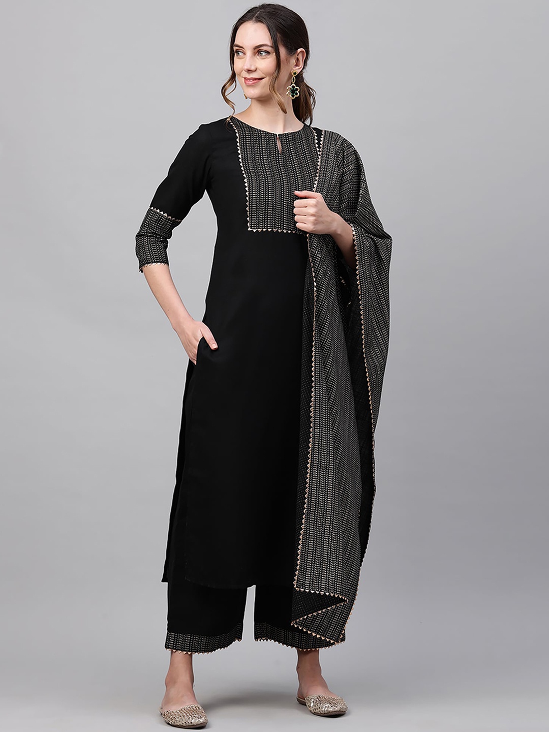 

Indo Era Women Black Striped Gotta Patti Straight Kurta with Palazzos & Dupatta