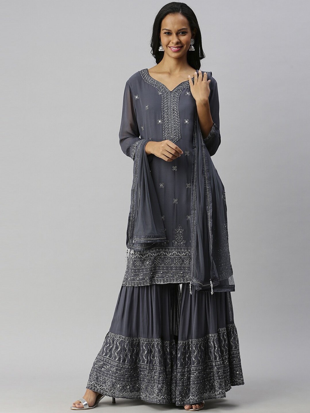 

Soch Women Grey Ethnic Motifs Angrakha Kurta with Sharara & With Dupatta