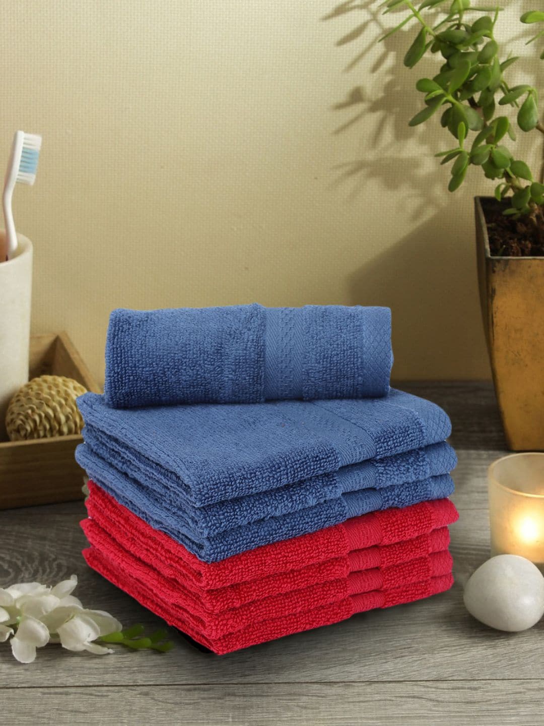 

BIANCA Set Of 8 Blue & Red Solid 380 GSM Pure Combed Cotton Terry Face Towels