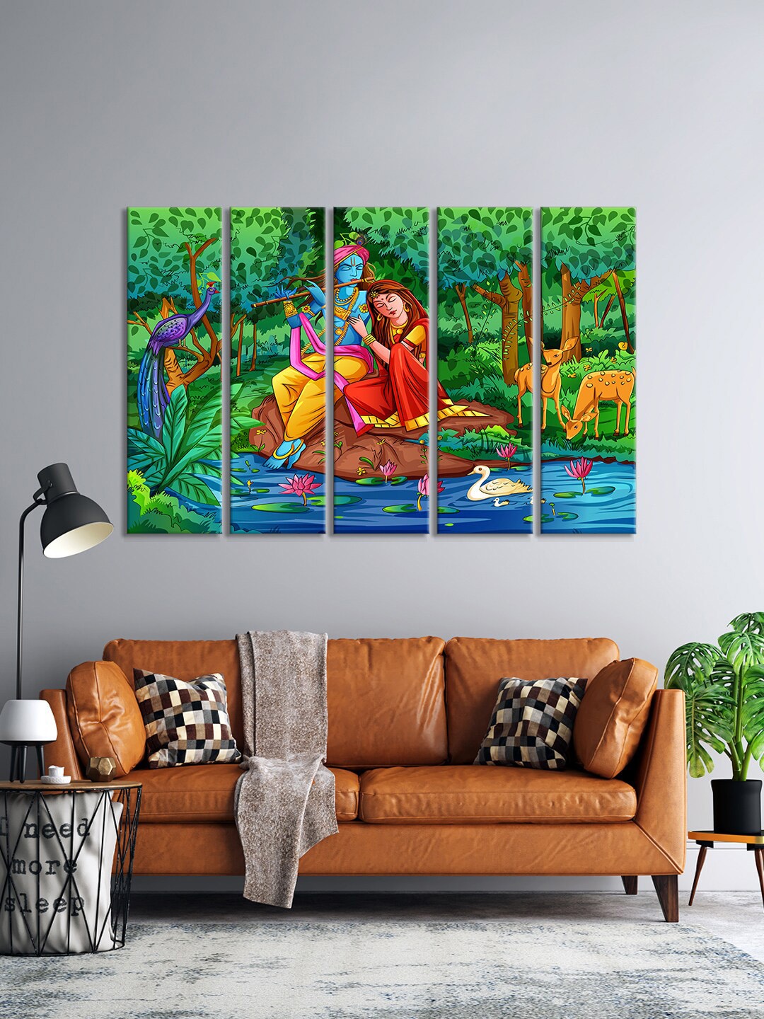999Store Set Of 5 Green & Blue Hindu Lord Radha Krishna Wall Art Frames