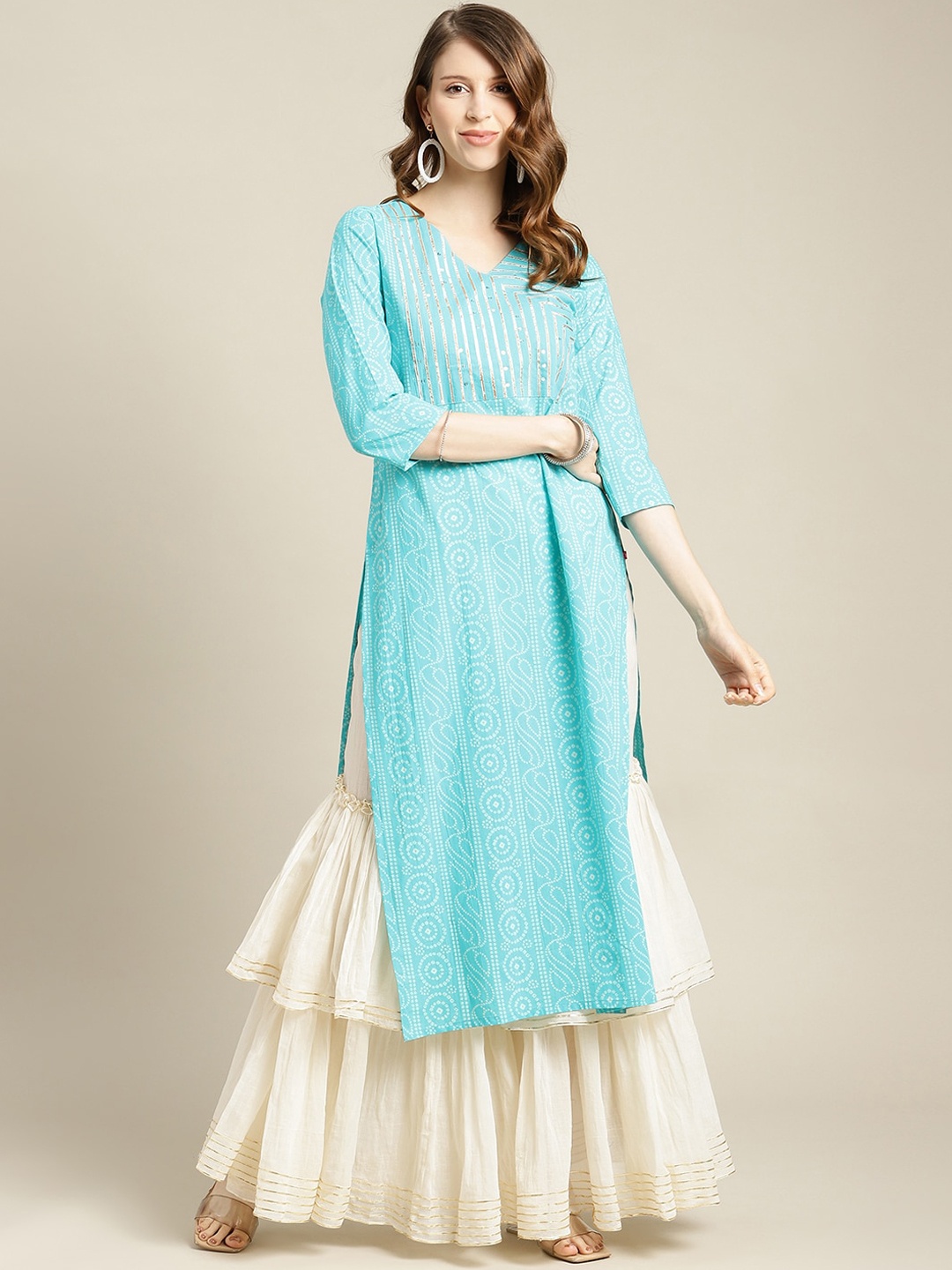 

Varanga Women Turquoise Blue Bandhani Printed Kurta