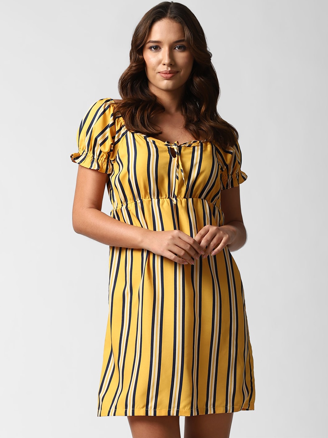 

FOREVER 21 Multi Striped Tie-Up Neck Mini Dress