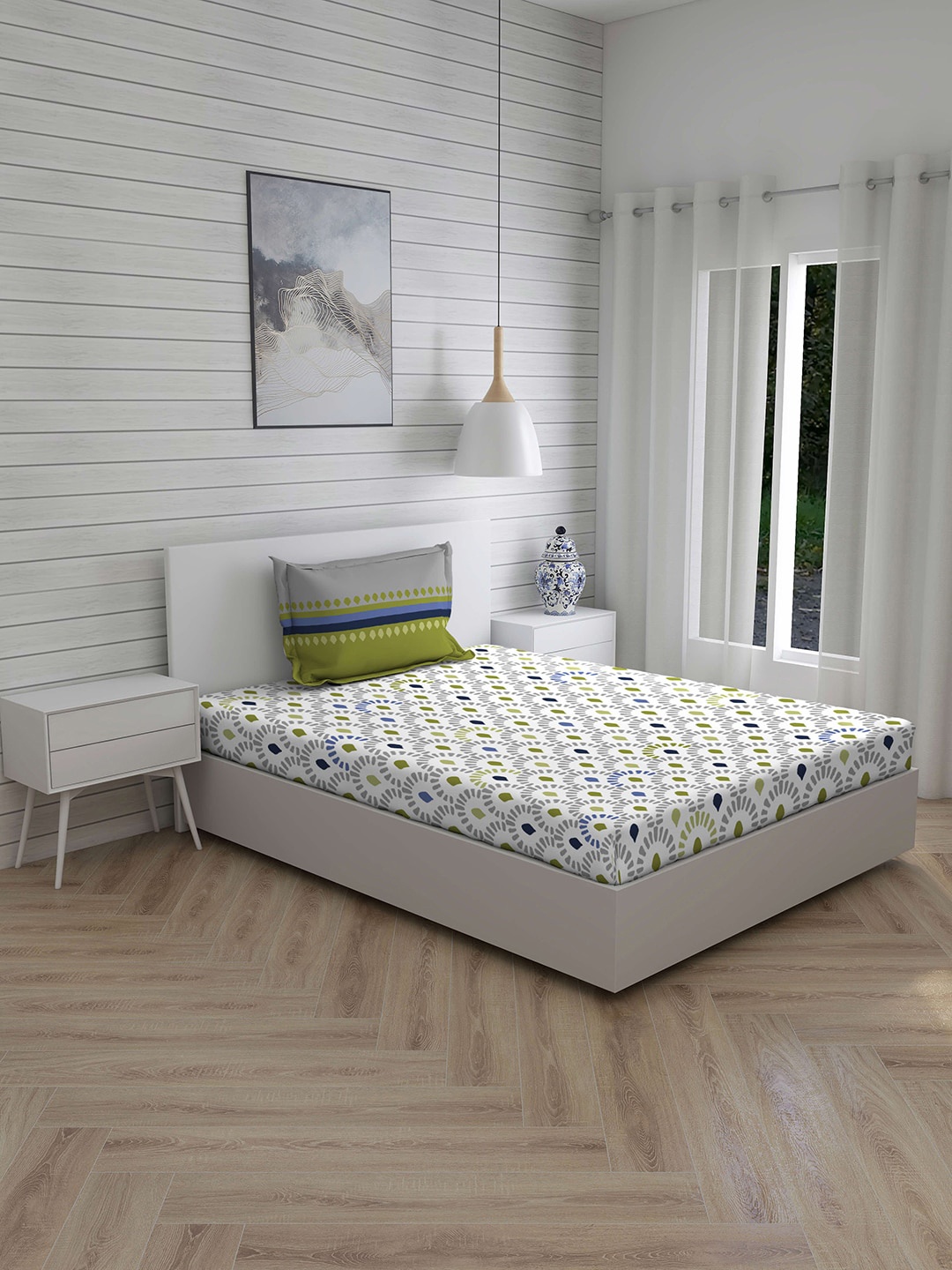 

Layers White & Grey Geometric 144 TC Cotton Single Bedsheet with 1 Pillow Covers