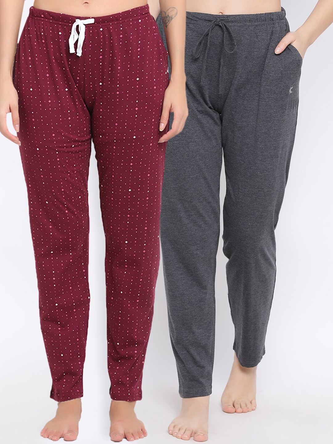 

Kanvin Women Pack Of 2 Printed Pure Cotton Lounge Pants, Maroon