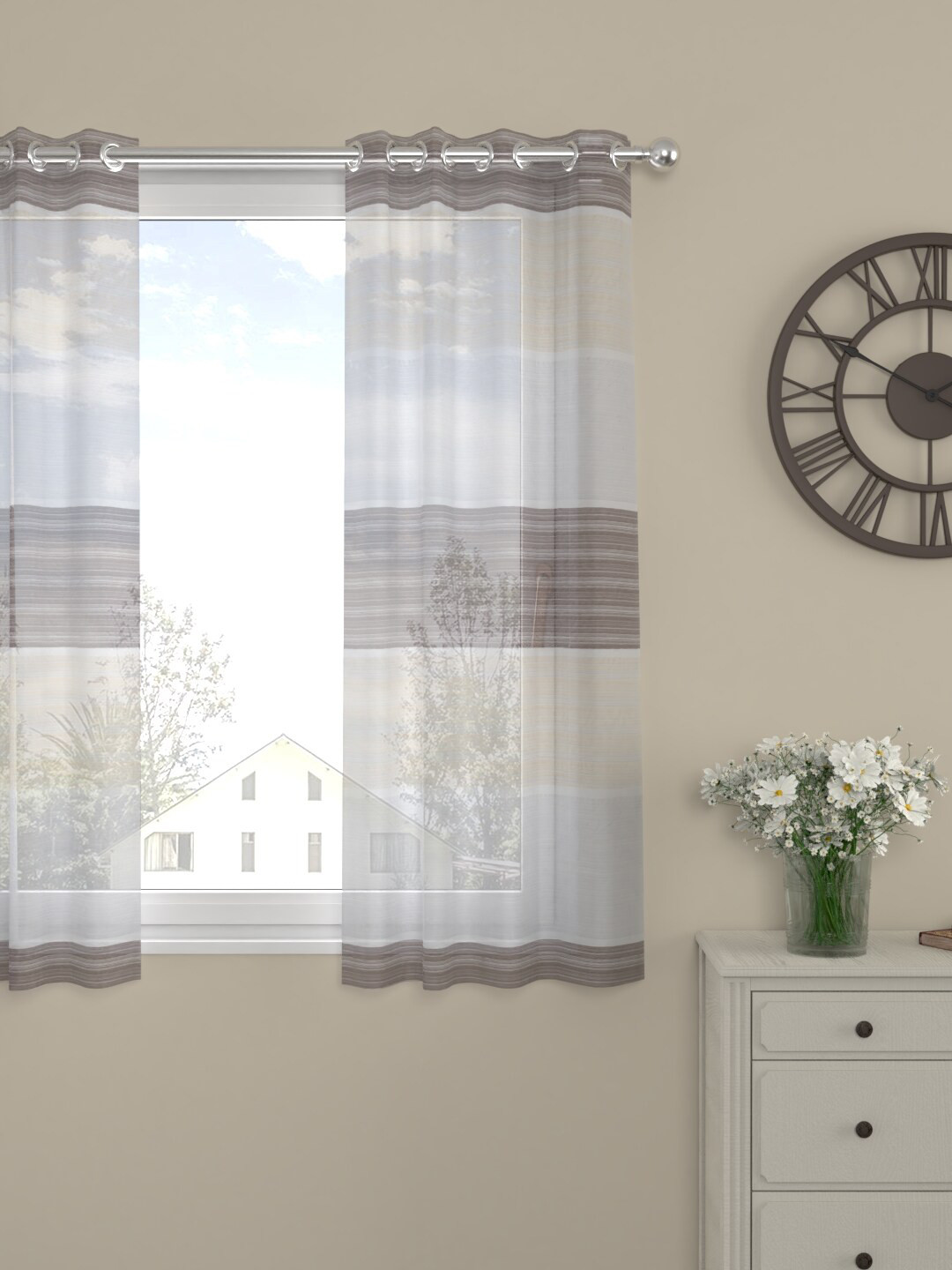 

ROSARA HOME White & Brown Striped Sheer Window Curtain