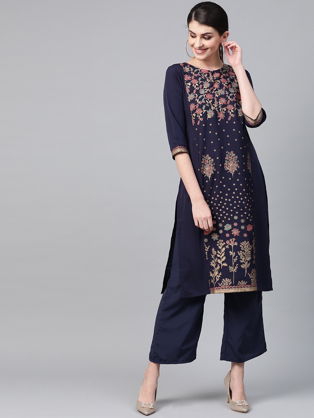 

ZIYAA Women Navy Blue Ethnic Motifs Keyhole Neck Crepe Kurta