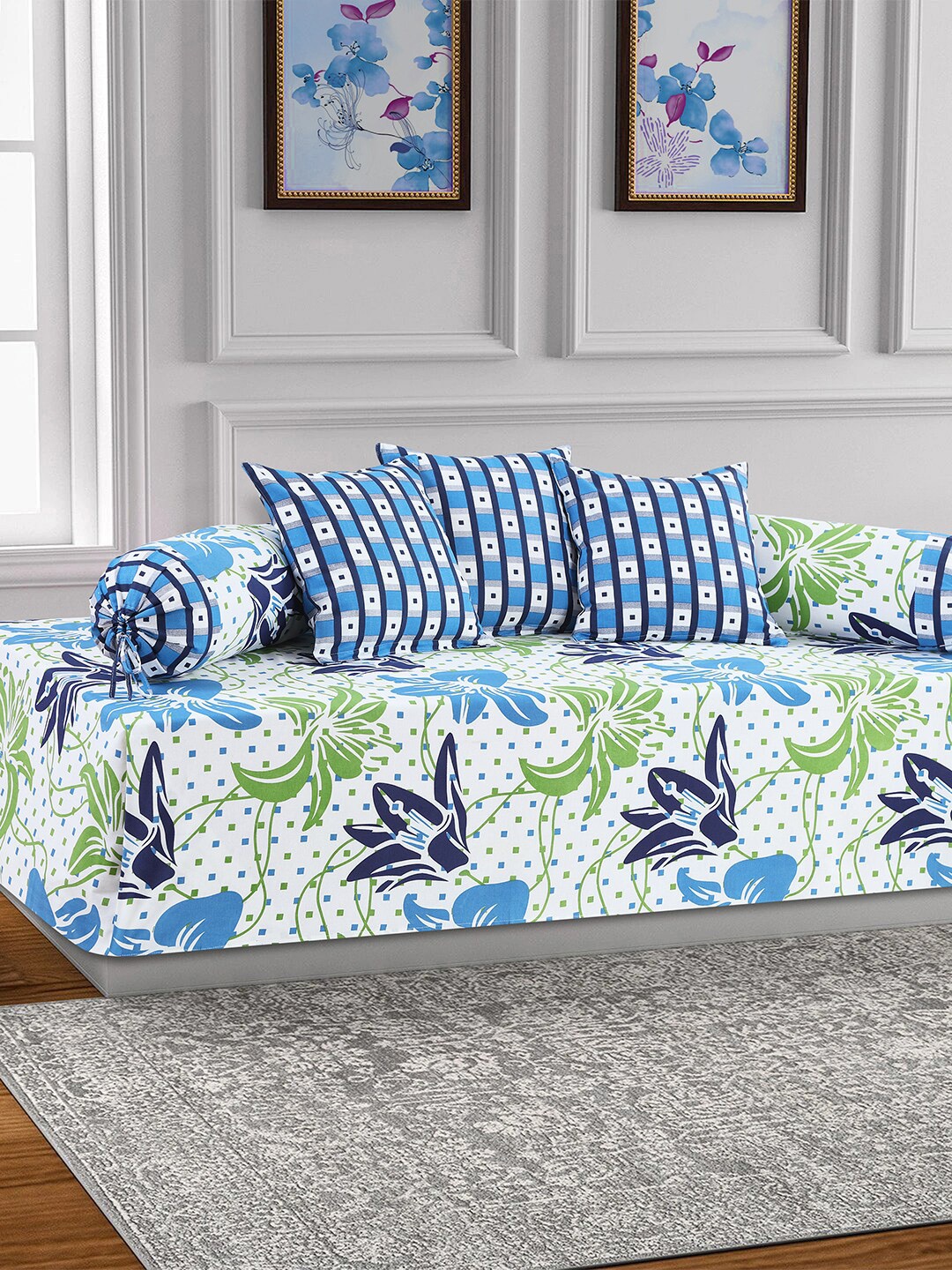 

Salona Bichona 6-Pieces White & Blue Printed Bedsheet With Bolster & Cushion Covers