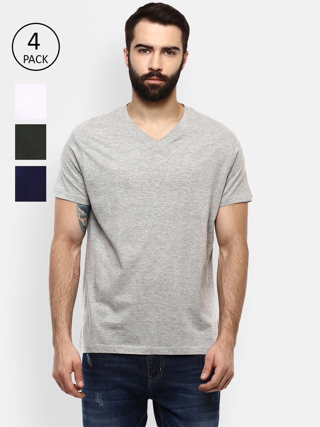 

Aventura Outfitters Men Pack Of 4 Solid V-Neck Pure Cotton T-shirt, Navy blue