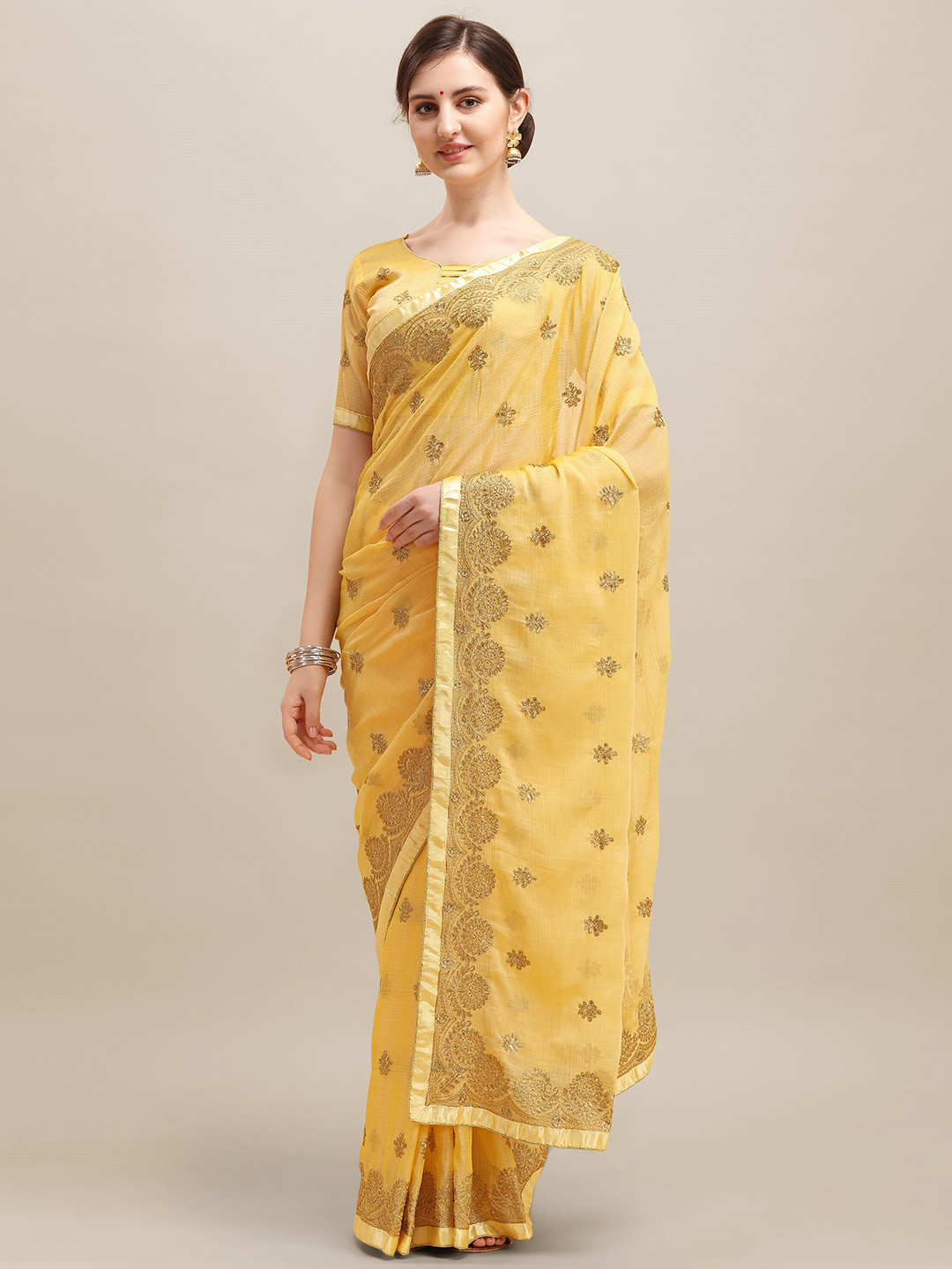 

RAJGRANTH Yellow & Gold-Toned Floral Pure Chiffon Saree
