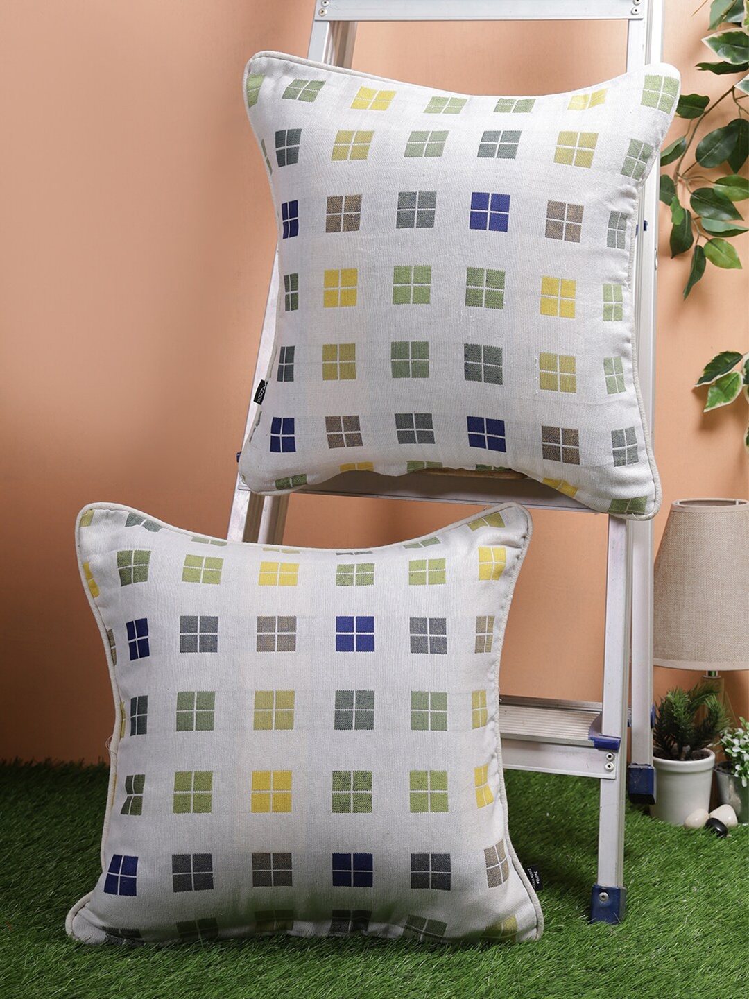 Soumya White & Blue Set of 2 Checked Square Cushion Covers