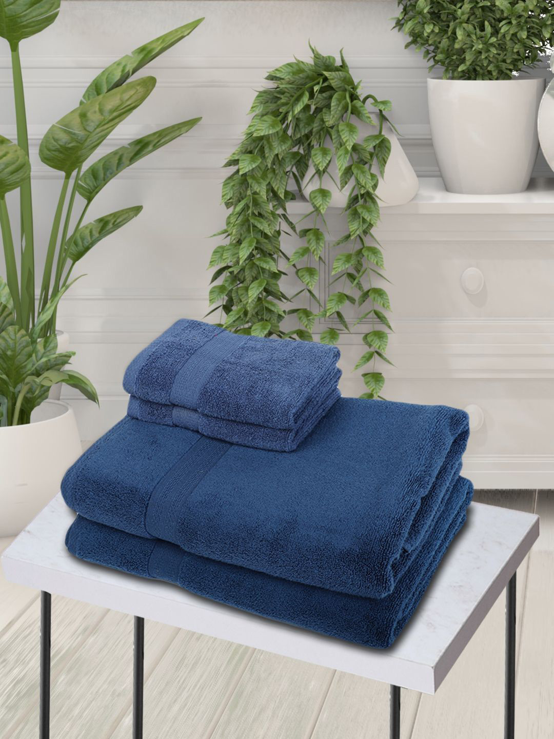 

BIANCA Set Of 4 Blue Solid 500 GSM Pure Cotton Towel Set, Navy blue