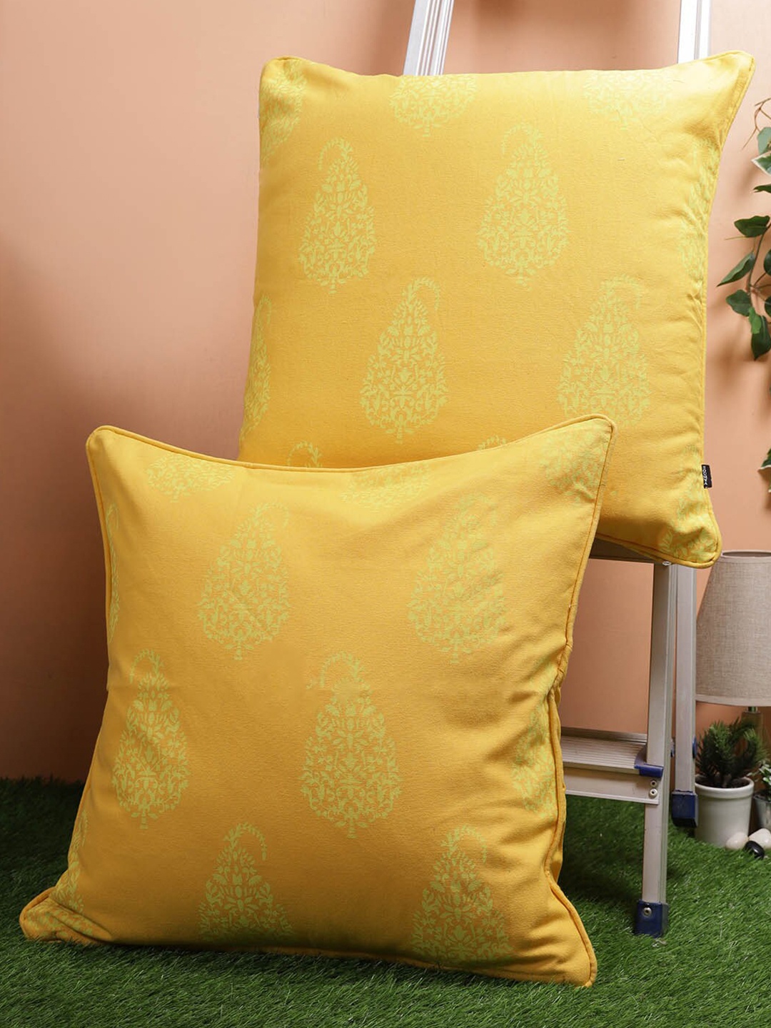 

Soumya Set Of 2 Yellow Floral Square Cushion Covers