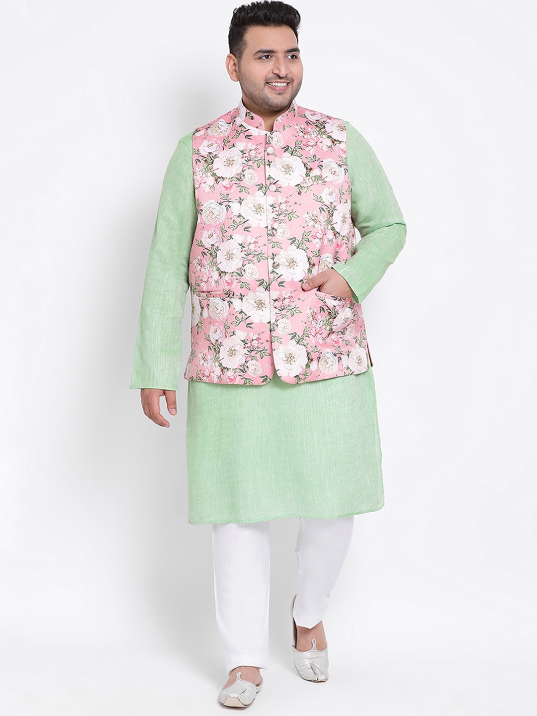 

hangup plus Men Green Floral Printed Linen Kurta with Pyjamas & Nehru Jacket