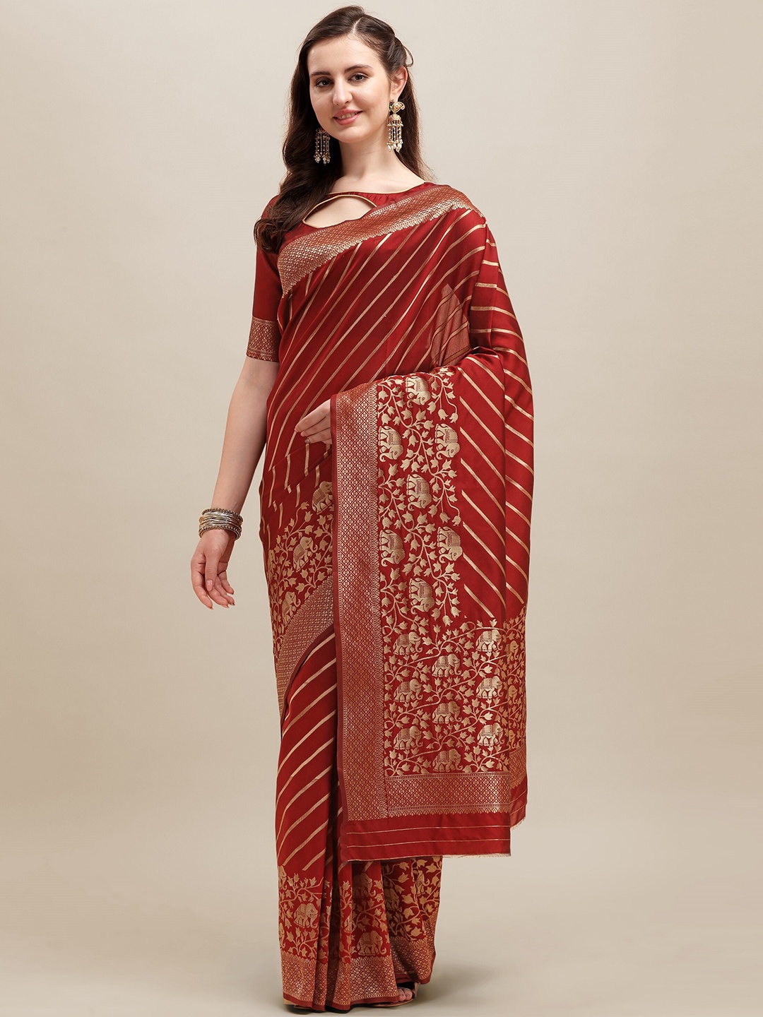 

RAJGRANTH Maroon & Golden Striped Silk Cotton Ready to Wear Banarasi Saree