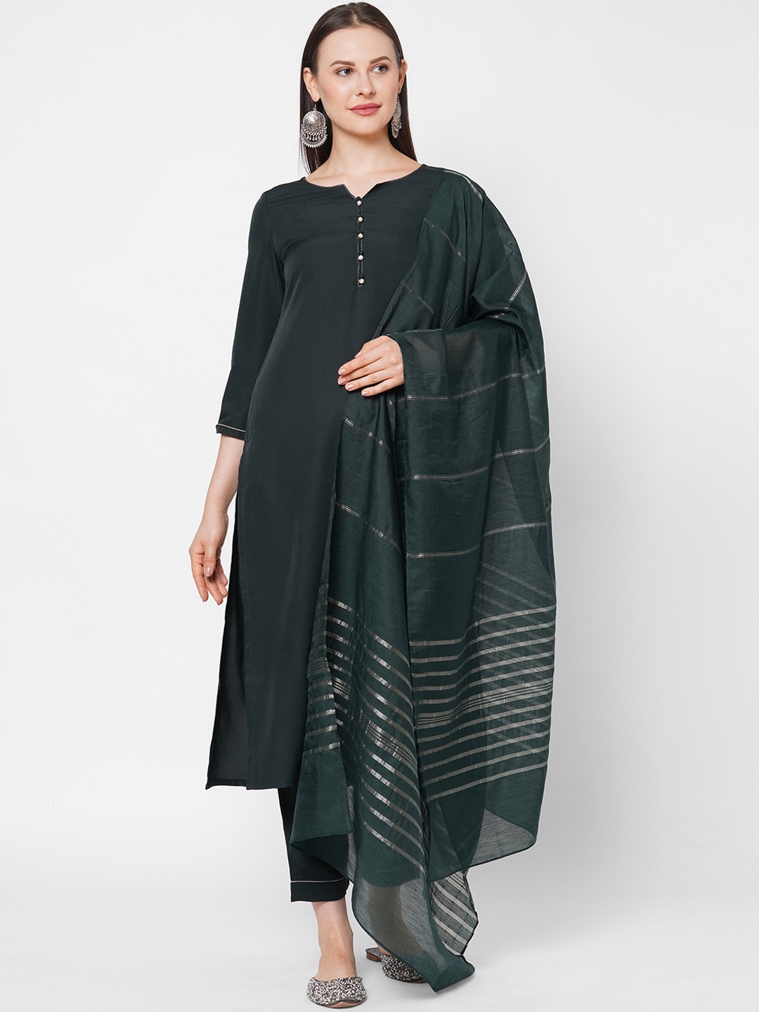 

Os Women Green Solid Kurta with Trousers & With Dupatta