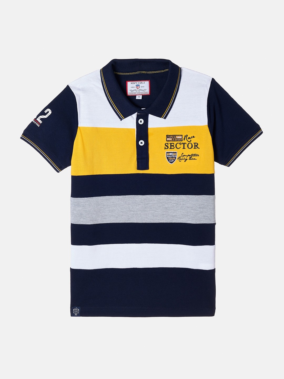 

Monte Carlo Boys Navy Blue & White Striped Polo Collar Cotton T-shirt